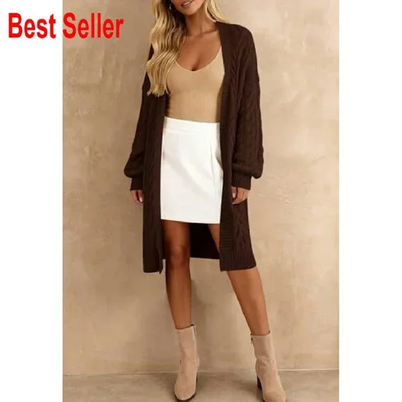 Oversized Cable Knit Cardigan Chunky Open Front Long Sleeve Sweater - Picture 4 of 8